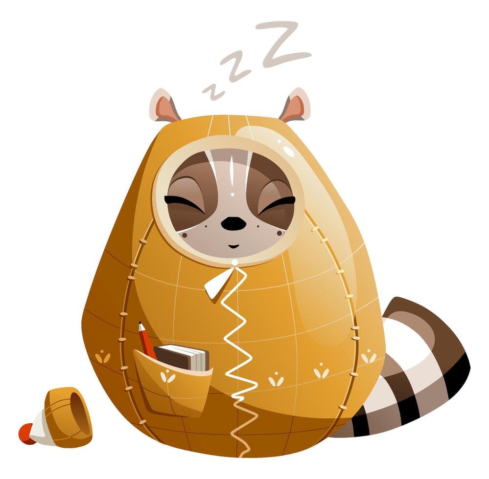 Cute cartoon raccoon sleeping in a sleeping bag vector