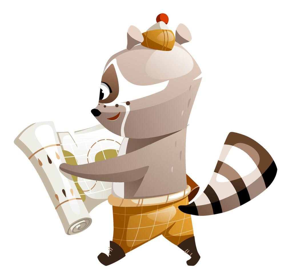 Illustration of a cartoon raccoon looking at a map vector