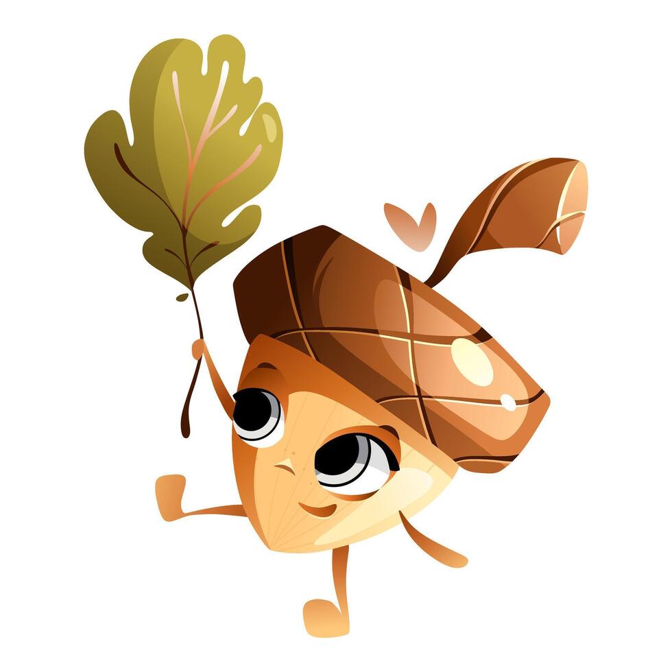 Cartoon character acorn carries a green oak leaf. vector