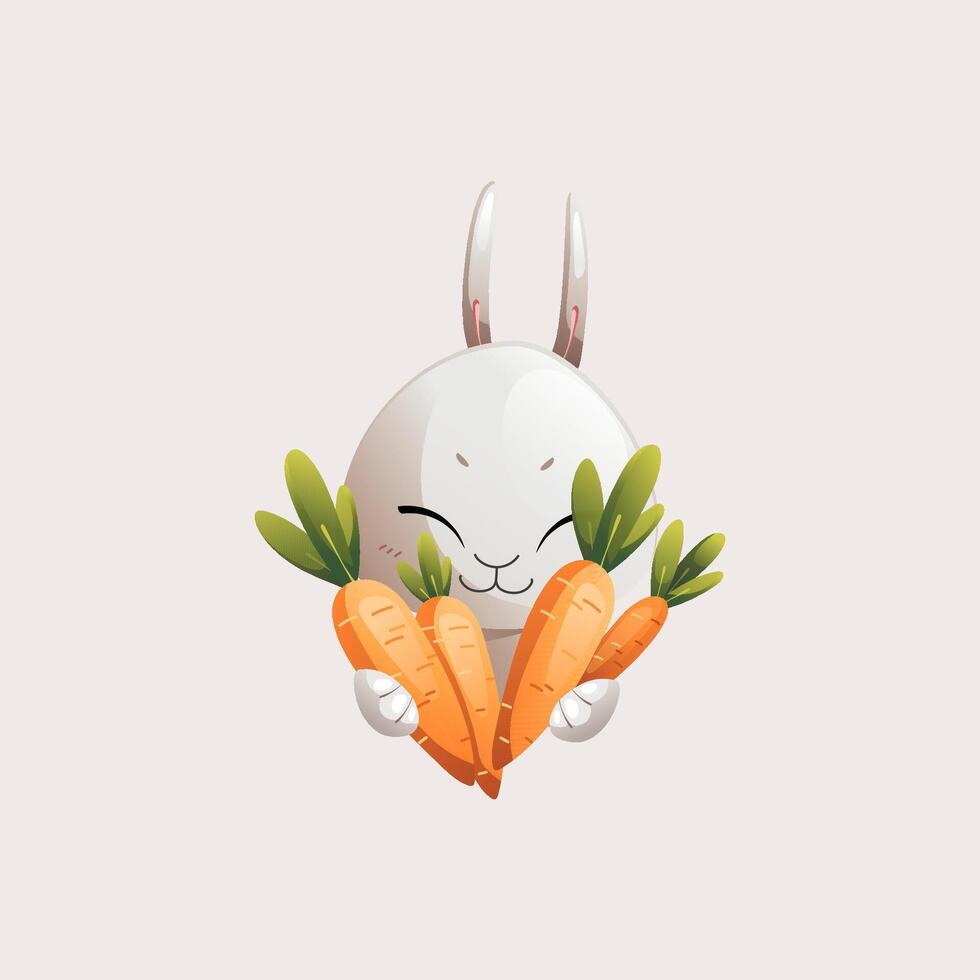 Grey cartoon character rabbit holding a lot of carrots in his hands vector