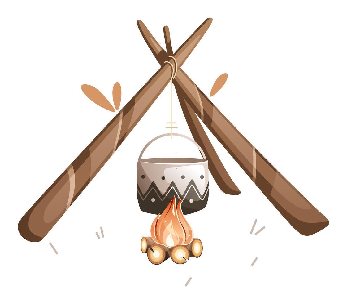 Illustration of a pot of food that is cooked over a campfire vector