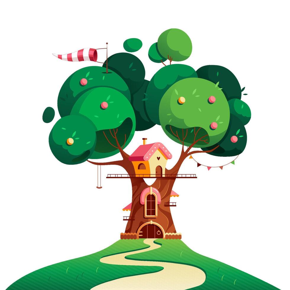 Cartoon House On A Big Tree Illustration vector