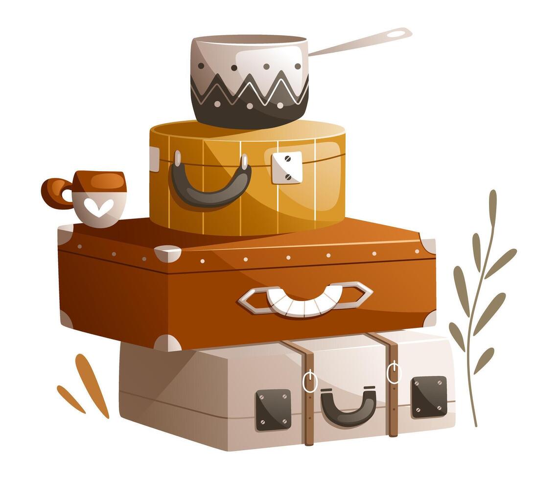 Illustration of travel accessories. Suitcases, mug, saucepan vector