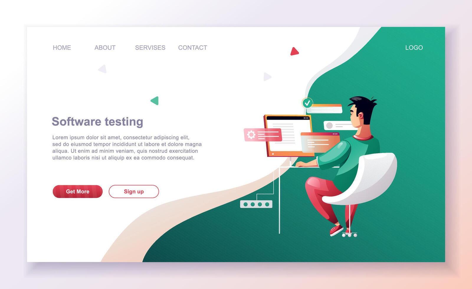 Programming concept, web engineer at work. Developer programming web site landing page template. vector