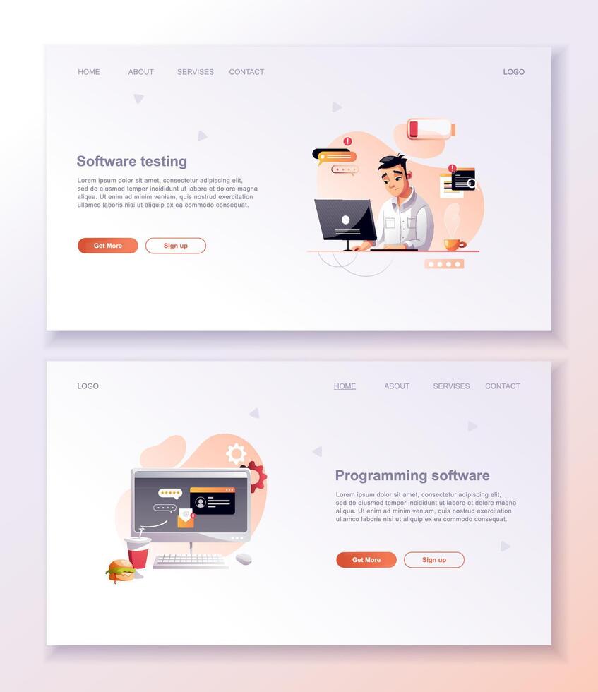 Programming concept, Character web coder at work. Developer programming web site landing page template. vector