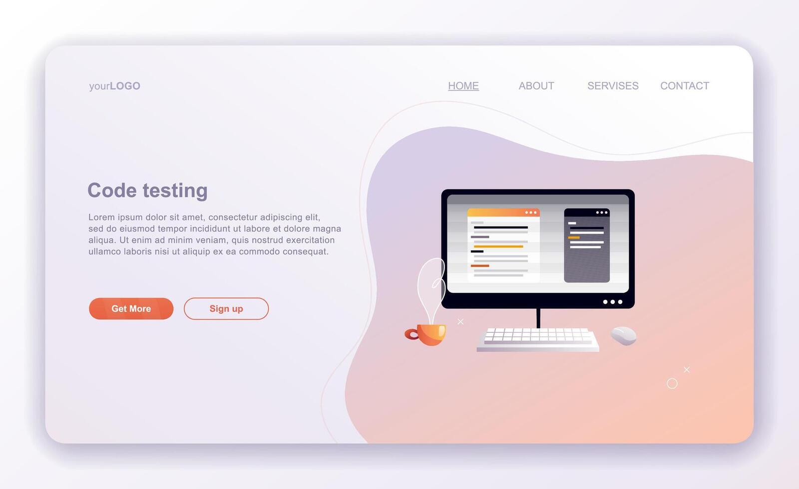 Programming concepts, coder workplace. Web site landing page template. vector
