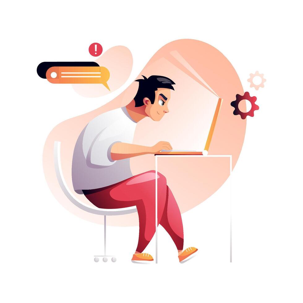 Programmer concentrated at working project. Developing programming and coding technologies. Screen with codes, developer at work with task. Geek coding software with laptop and pc. vector