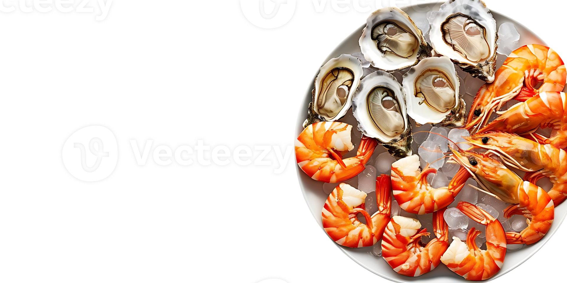 Plate of Fresh Shrimps and Oysters on Ice - Photo png