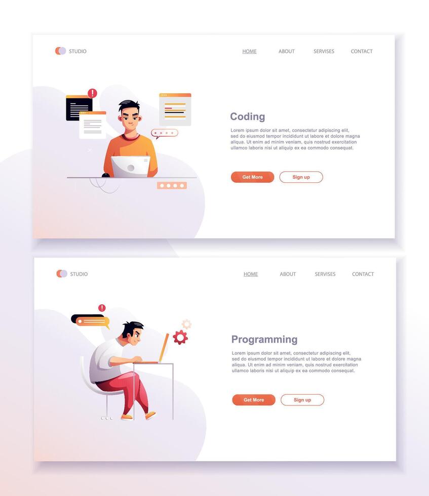 Programming concept, web engineer at work. Developer programming web site landing page template. vector