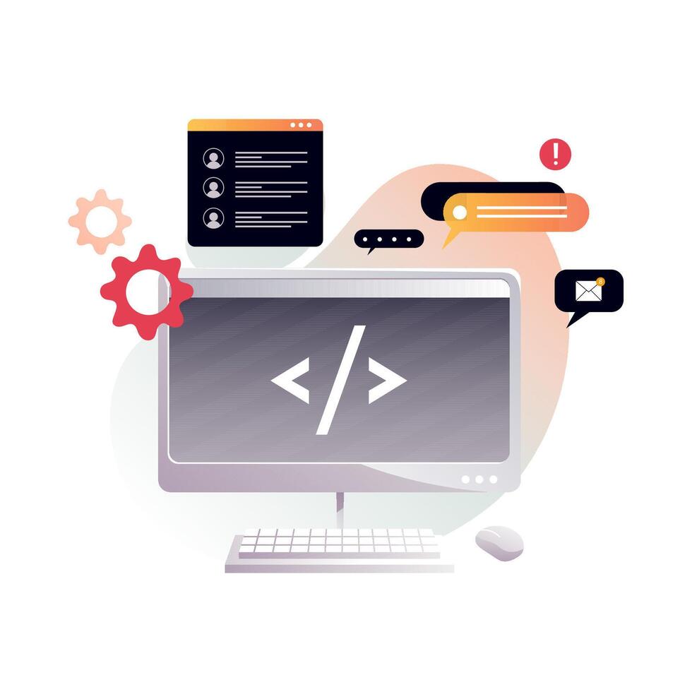 Programmer's workplace, monitor with program code. vector