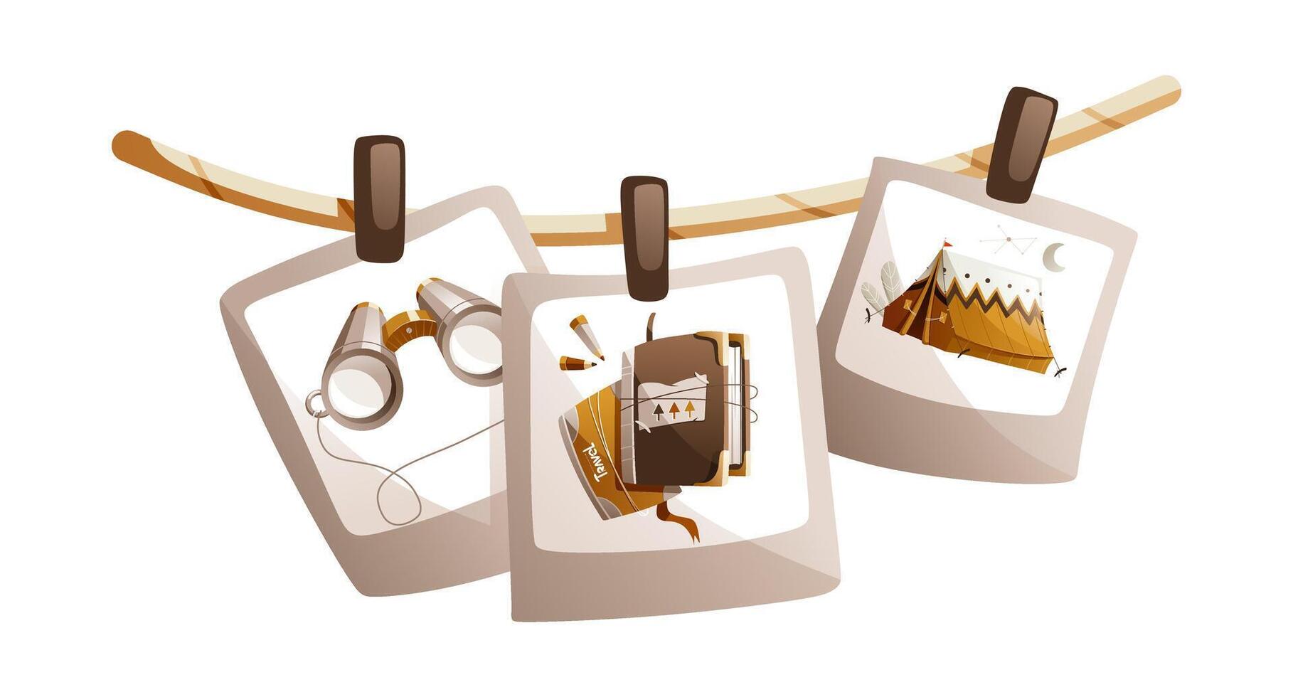 Illustration of photos from the hike hung on a rope vector