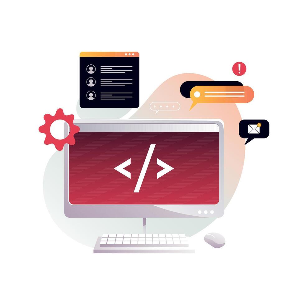 Programmer's workplace, monitor with program code. vector