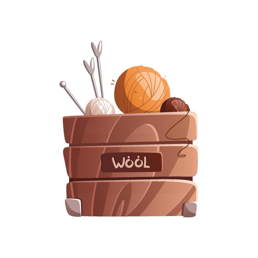 A full wooden box of wool balls and knitting needles. The inscription on the box is wool. vector