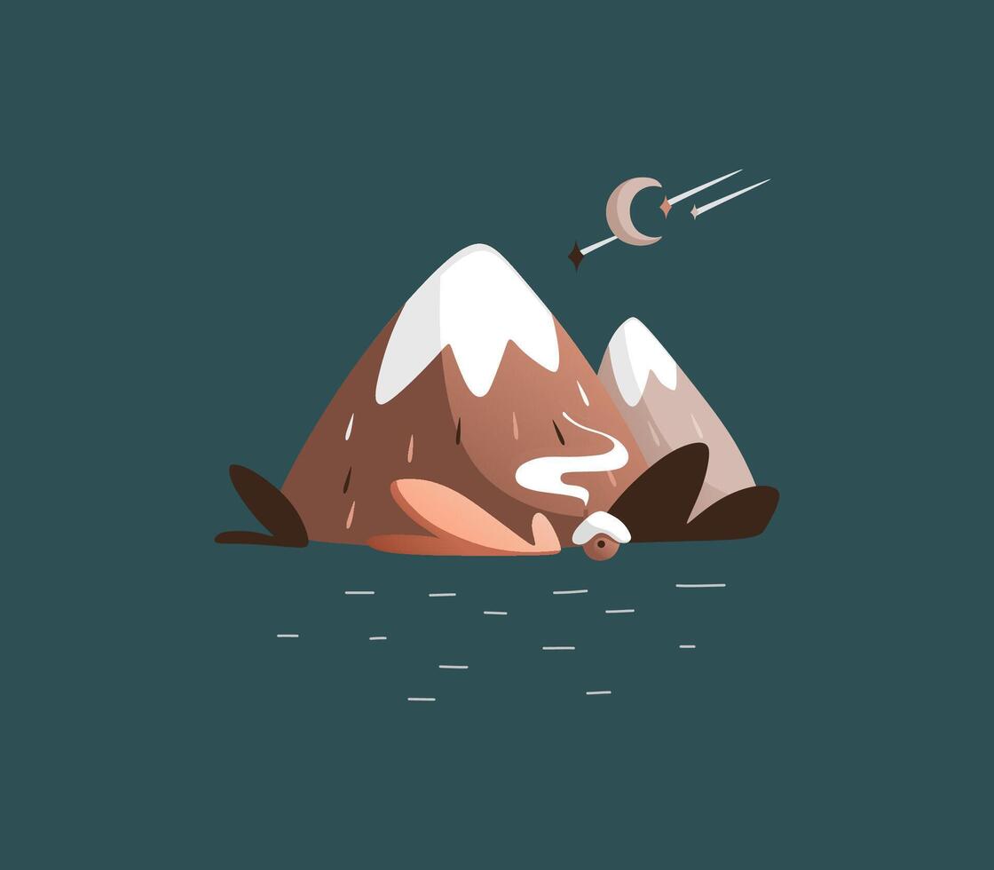 Mountain night landscape with brown mountains with snow caps on the tops. vector