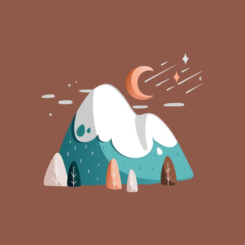Mountain night landscape with a turquoise mountain with a snowy peak and a forest around. vector