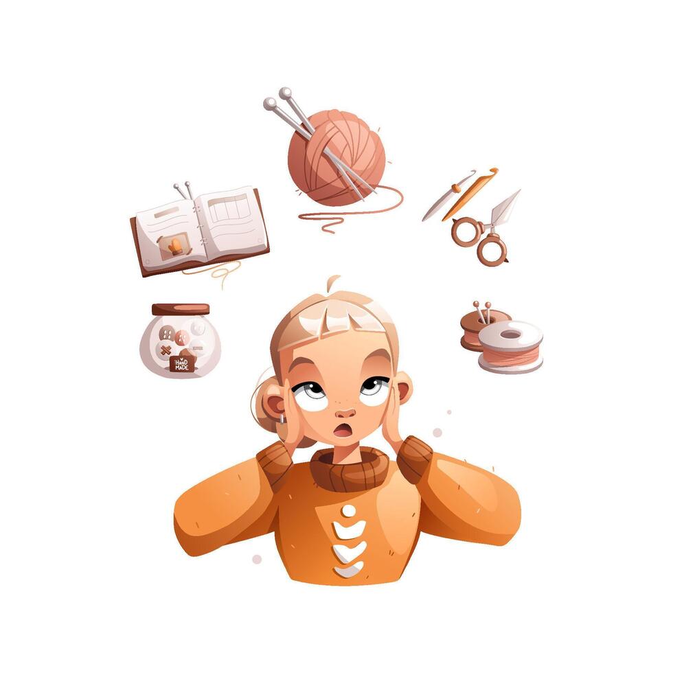 A happy creative cartoon girl was confused at the sight of buttons, a book, a ball of wool, knitting needles, scissors, thread. Hobby courses or master classes for teaching knitting. vector
