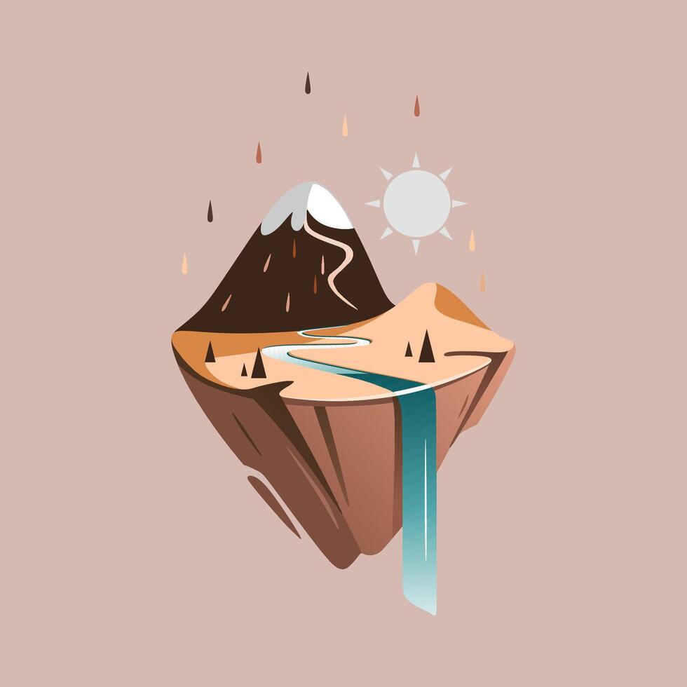 Mountain landscape with a mountain on a piece of land, a river, a waterfall and a desert area. vector