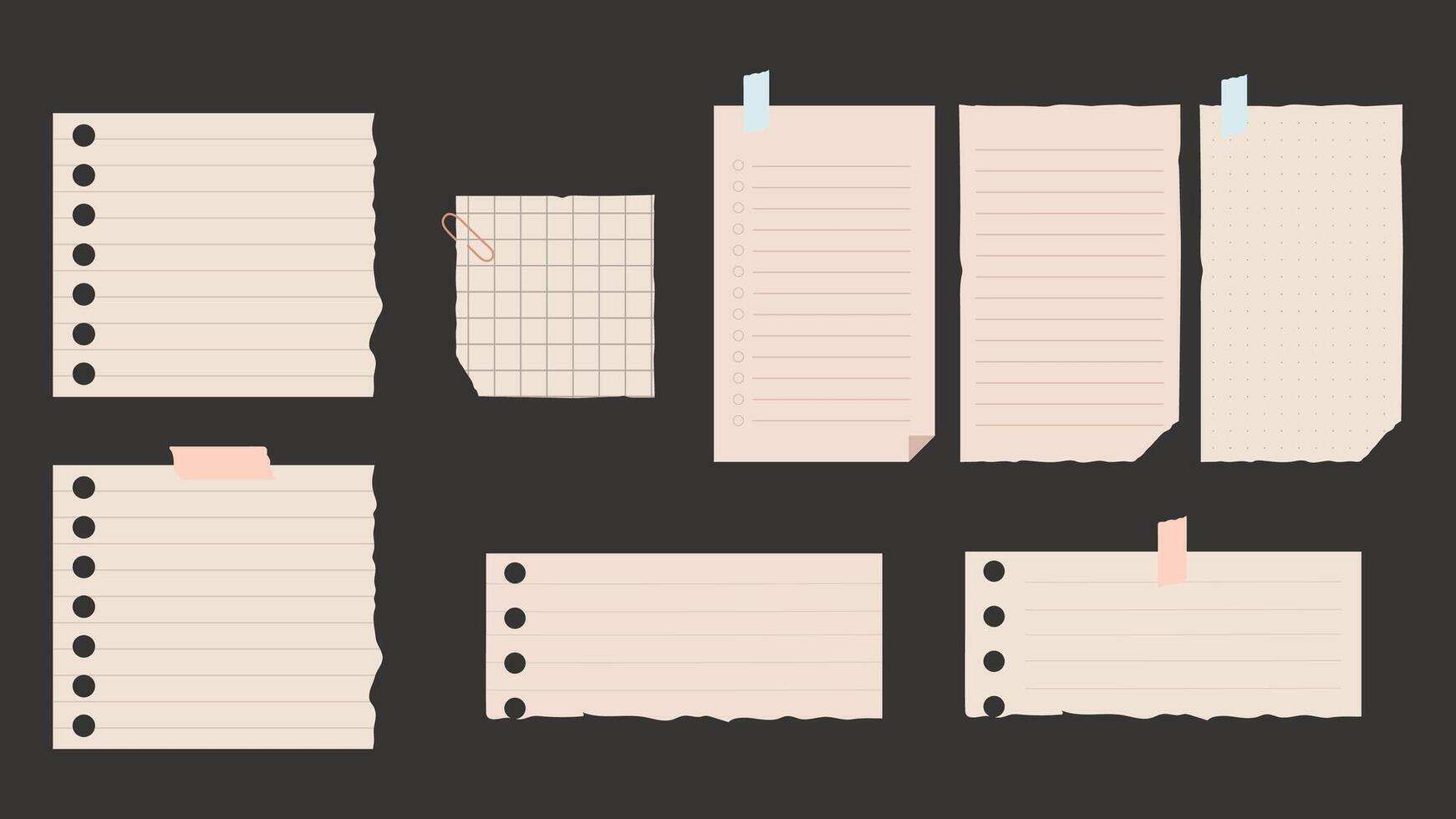 Set of various note papers on black background vector