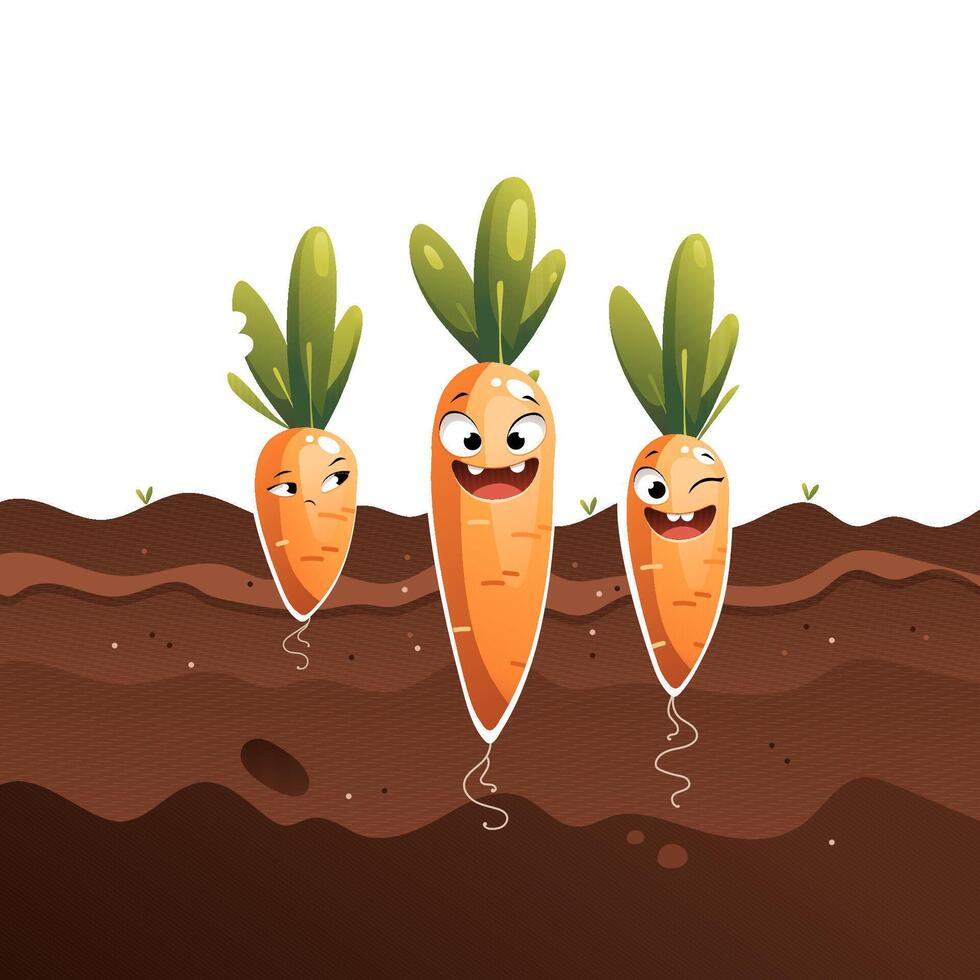 Orange Funny Cartoon Carrot In The Ground Emotions vector
