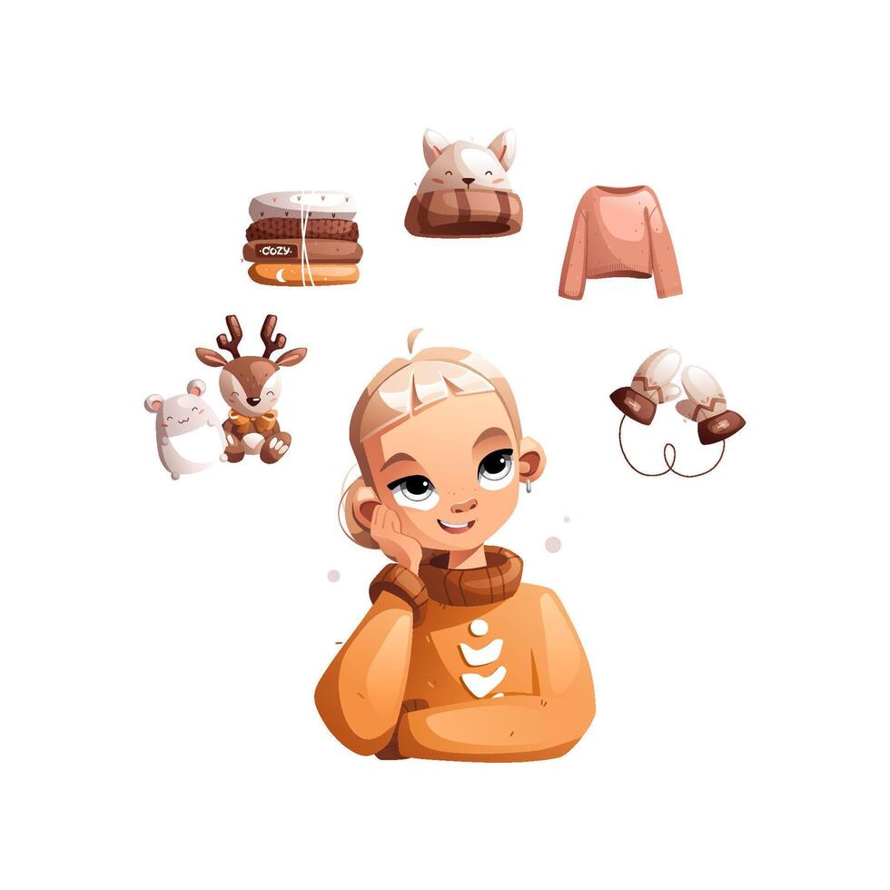 A happy creative cartoon girl dreams of knitted toys, clothes, a sweater, mittens and a hat. Hobby courses or master classes for teaching knitting. vector