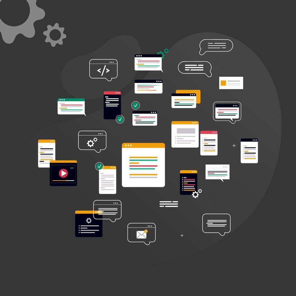 Simple multi-colored icons related to programming and communication on background, perfect for website, blog, graphic design, social media, UI, mobile app vector