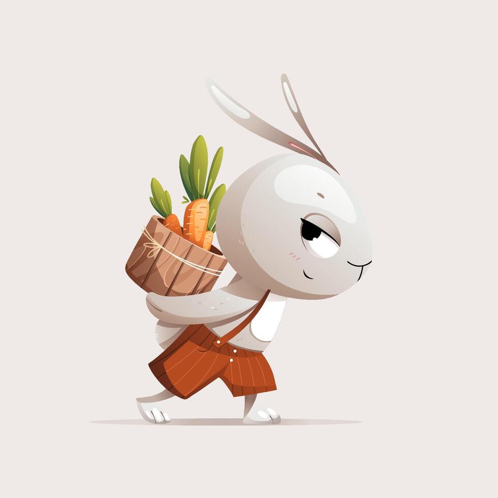 Grey cartoon character rabbit carries a barrel of carrots vector