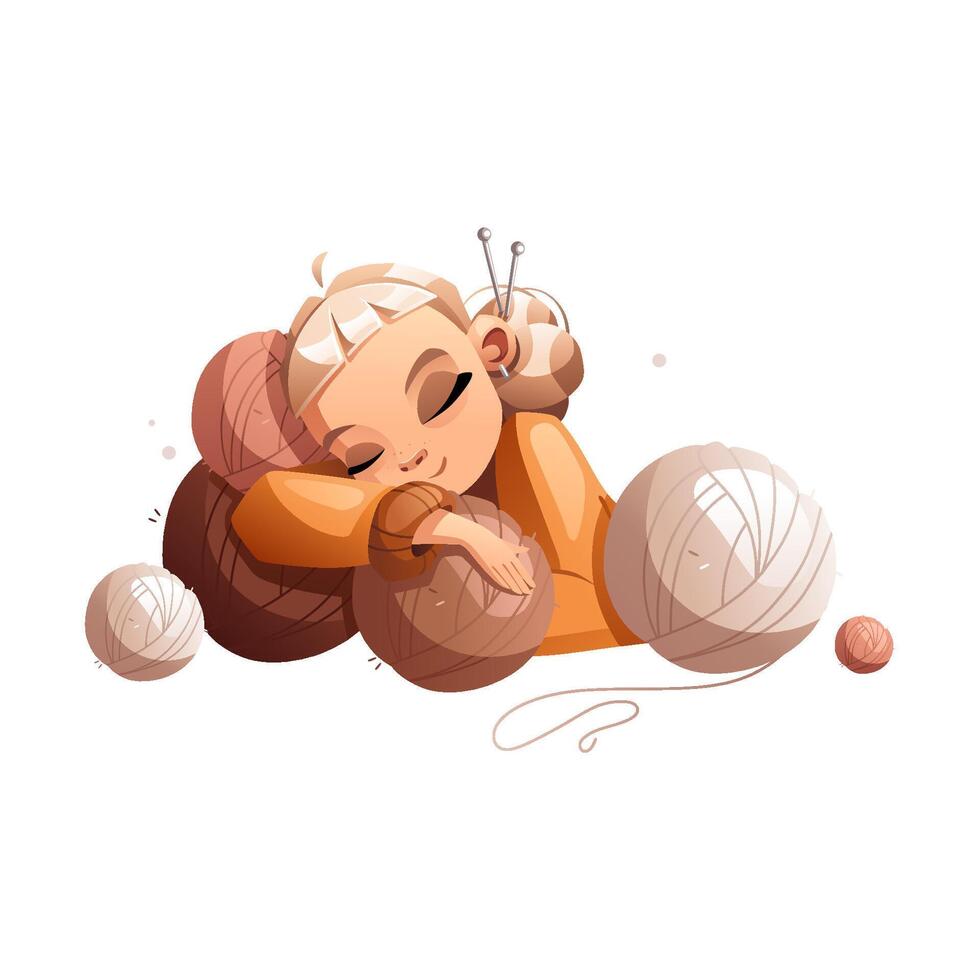 Happy creative cartoon girl fell asleep on balls of wool. Hobby courses or master classes for teaching knitting. vector