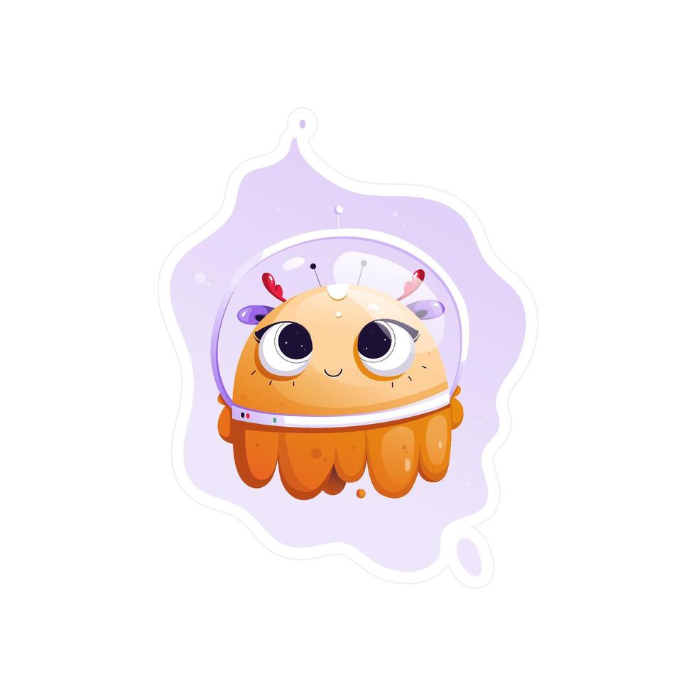 Cute little monster in a space suit travels through space vector