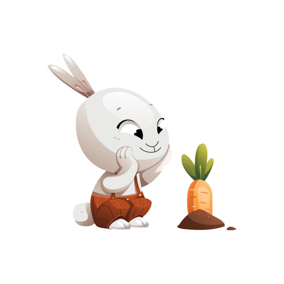 Gray cartoon character rabbit planted a carrot in the ground vector