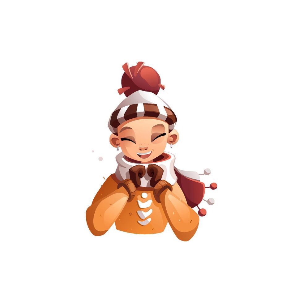 A happy creative cartoon girl rejoices in a knitted hat, scarf and mittens. Hobby courses or knitting workshops. vector