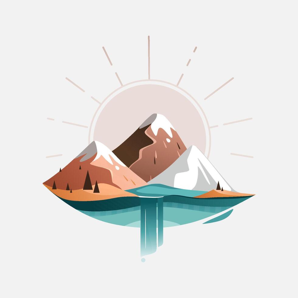 Mountain landscape with several mountains and a clear turquoise lake with a waterfall. Against the background of dawn. vector