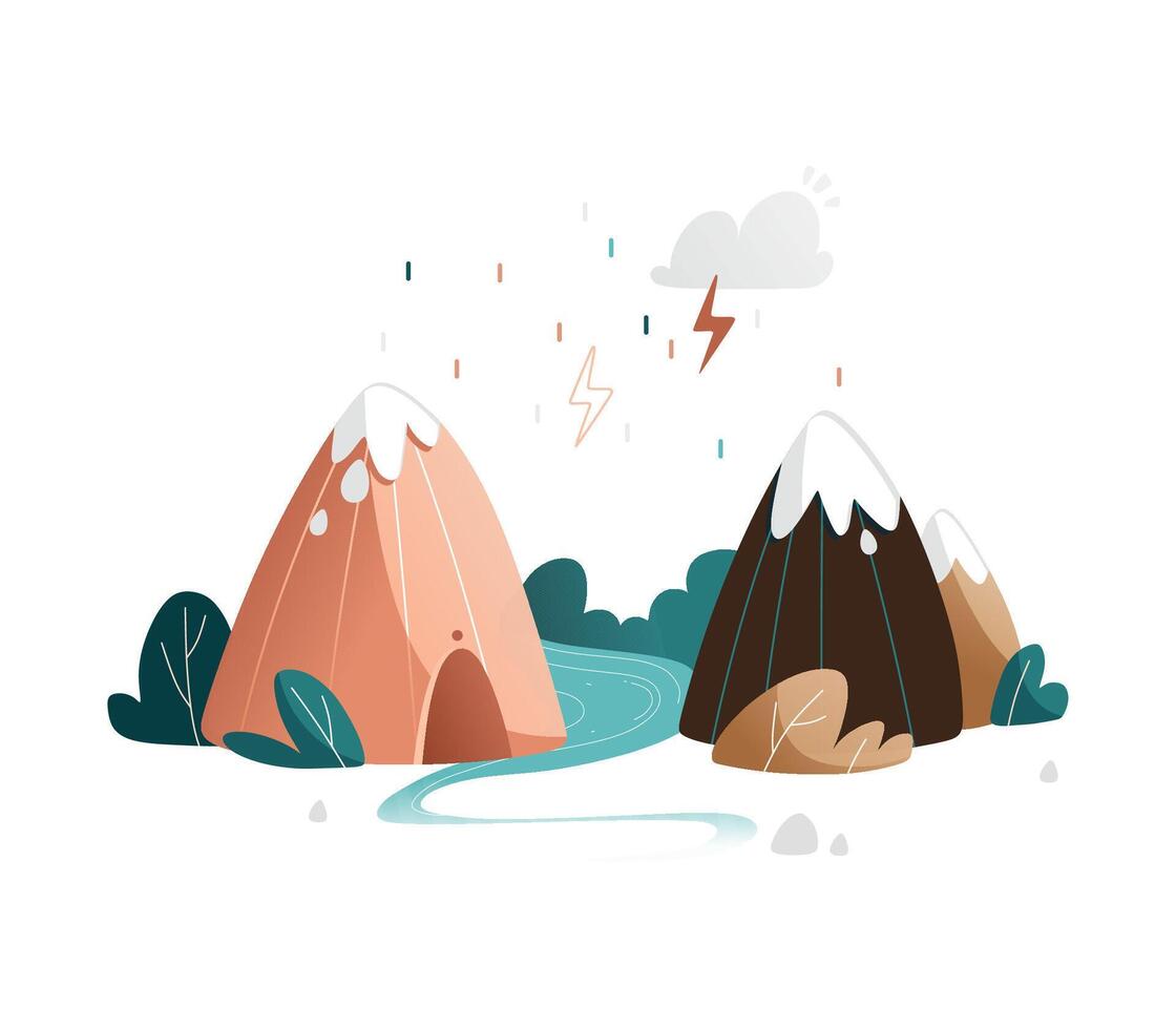 Mountain landscape with river, bushes, mountains, rain and thundercloud. vector