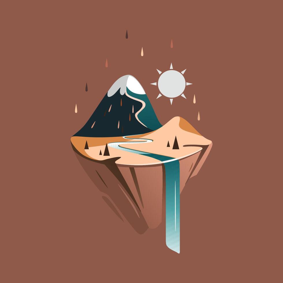 Mountain landscape with a mountain on a piece of land, a river, a waterfall and a desert area. vector