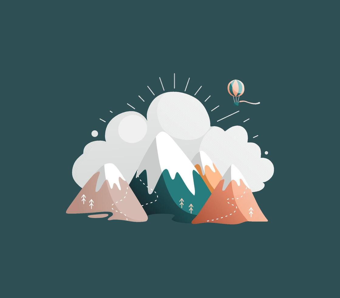 Mountain landscape with several cartoon multicolored mountains on a background of clouds. vector