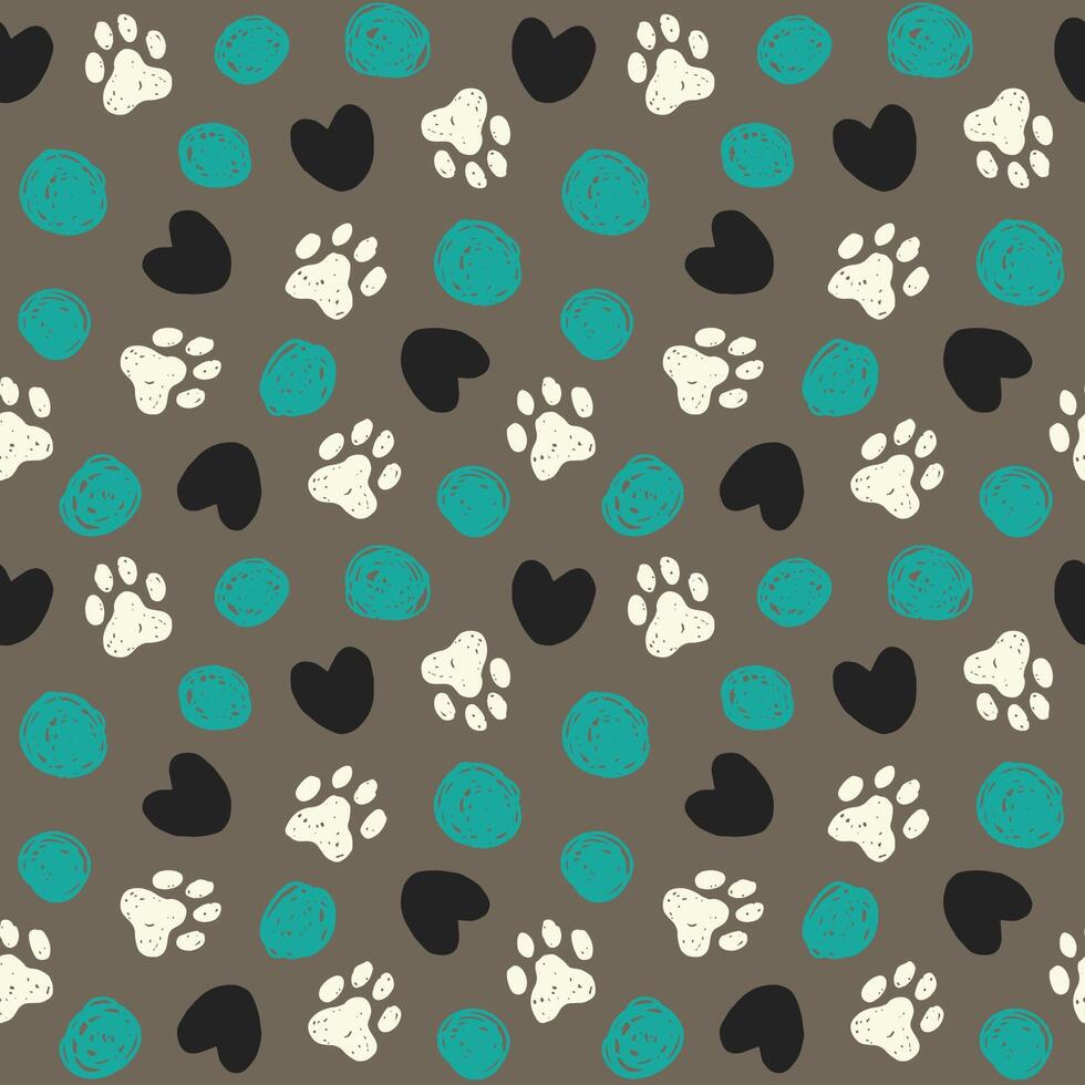 Animal paw seamless pattern. Cat, dog footprint repeat pattern with texture in black, grey, white and green. Hand drawn paw print background. vector
