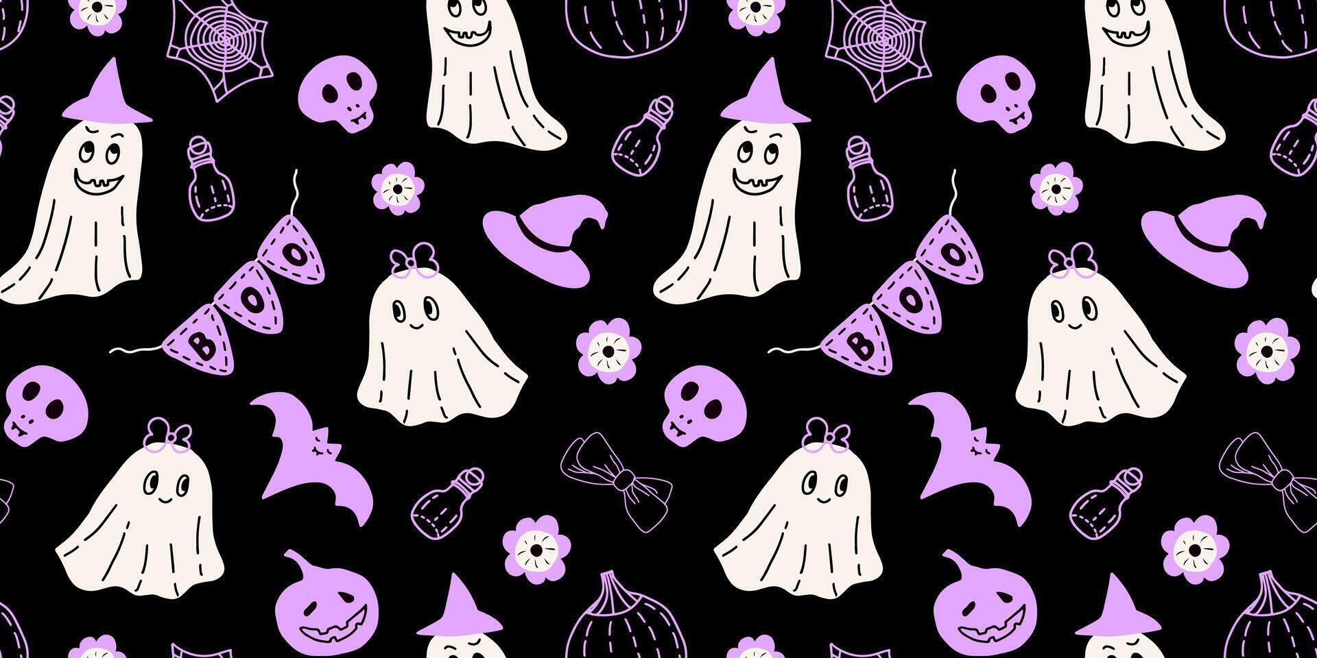 Halloween seamless pattern with cute ghosts, witch hat, boo bunting, pumpkins, bat, skull, flowers, bows, spider web and potion. illustration in purple, black and white colors. vector