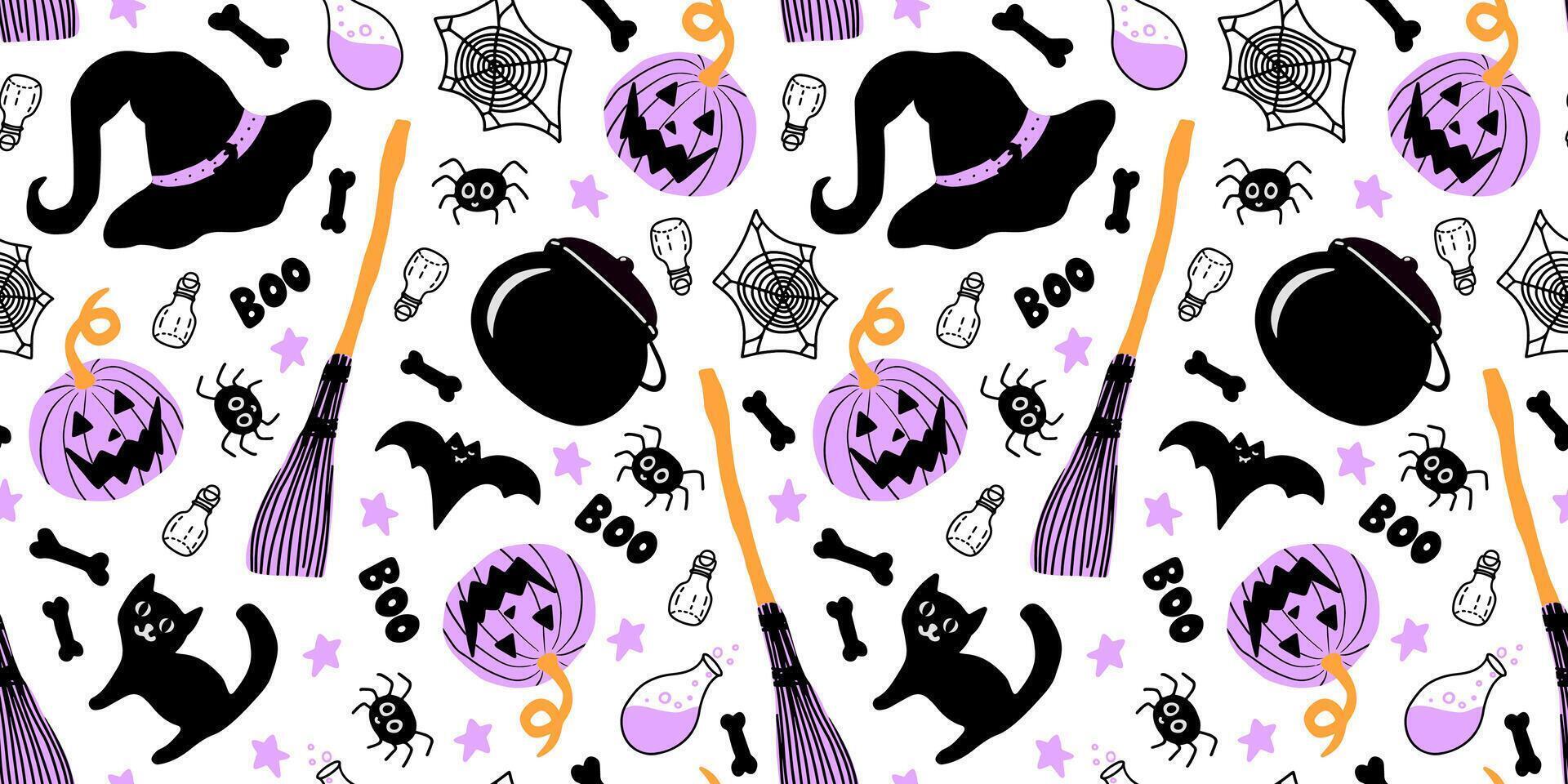 Halloween seamless pattern with witch hat, pumpkin, bat, cat, cauldron, spider, spider web and potion. Illustration in purple, black, white and gold colors. vector