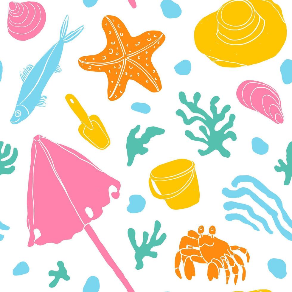 Fun playful beach seamless pattern with a crab, fish, umbrella, bucket, shovel, starfish, seashells, weeds and pebbles. Textile, paper design. Cartoon, childish. vector