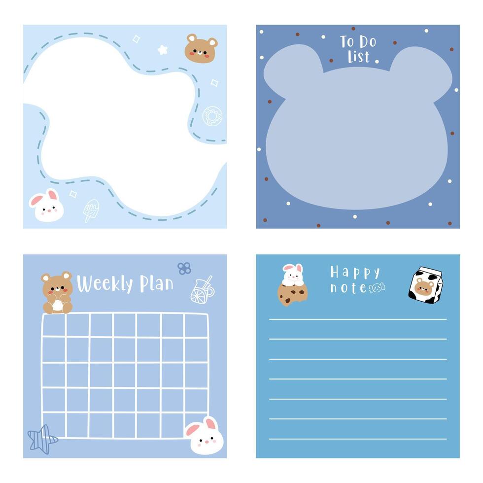 Cute note paper with bear and rabbit ornaments vector
