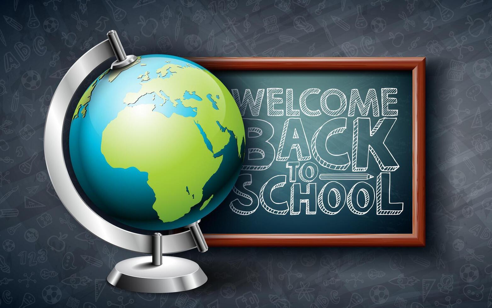 Back to School Design with Earth Globe and Typography Lettering on Black Chalkboard Background. School Education Illustration for Greeting Card, Banner, Flyer, Invitation, Brochure or vector