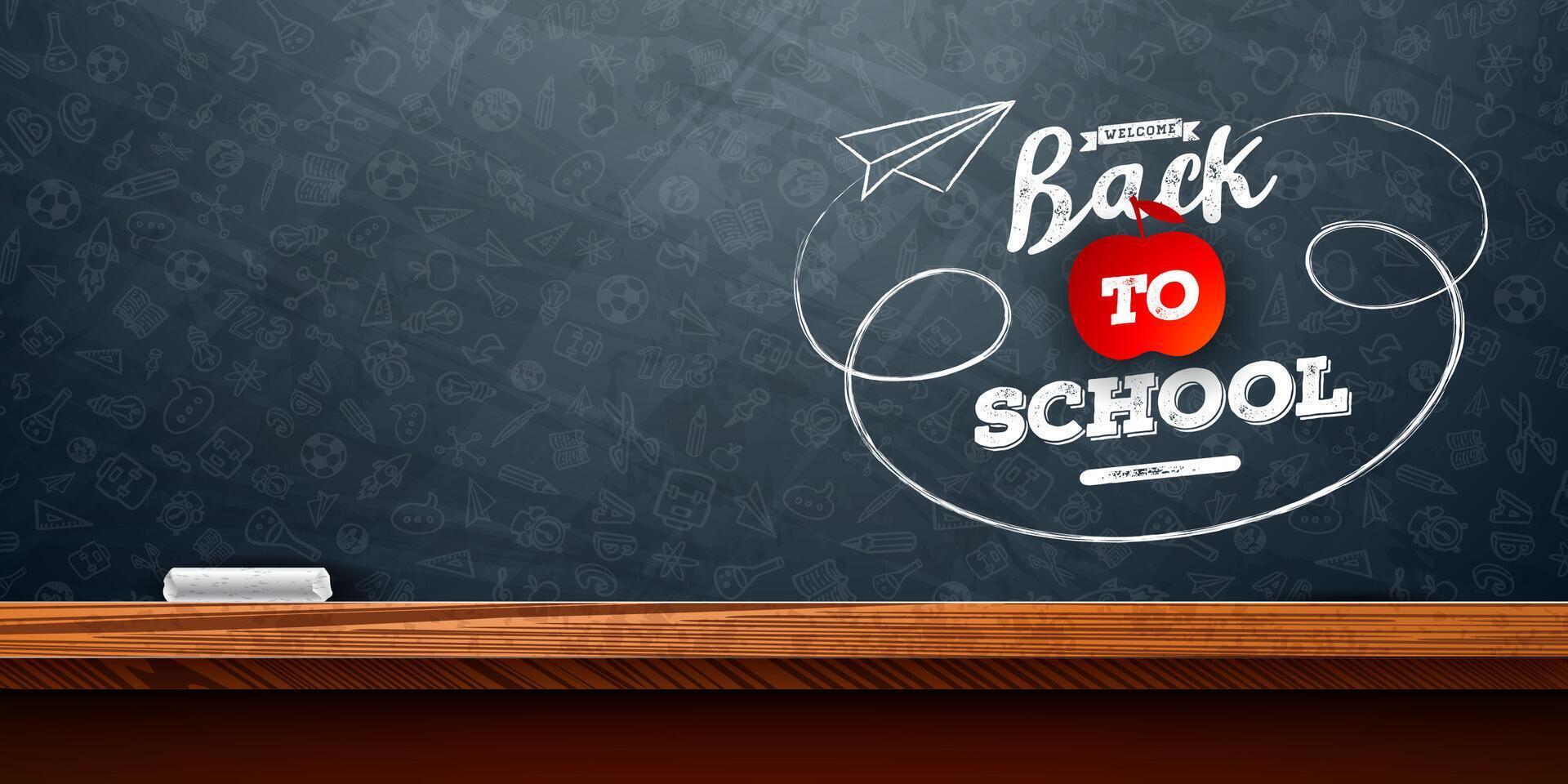 Back to School Design with Hand Drawn Paper Airplane and Typography Lettering on Black Chalkboard Background. School Education Illustration with Hand Drawn Doodles for Greeting Card, Banner vector