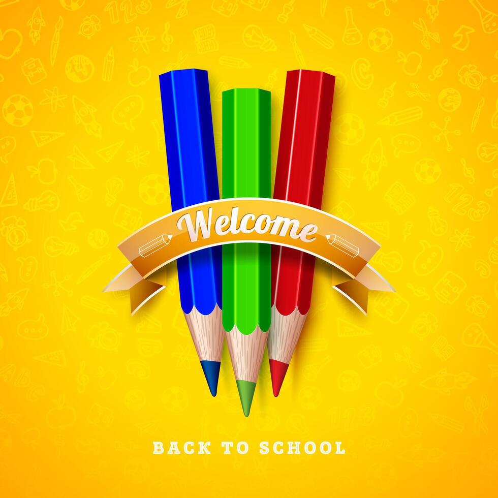 Back to School Design with Colorful Pencil and Typography Lettering in Ribbon on Yellow Hand Drawn Doodles Background. School Illustration for Greeting Card, Banner, Flyer, Invitation, Brochure vector