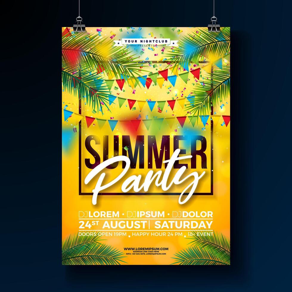 Summer Beach Party Flyer Design with Party Flag and Palm Leaves on Sun Yellow Background. Design Template with Nature Floral Elements and Tropical Plants for Banner, Flyer, Invitation, Brochure vector