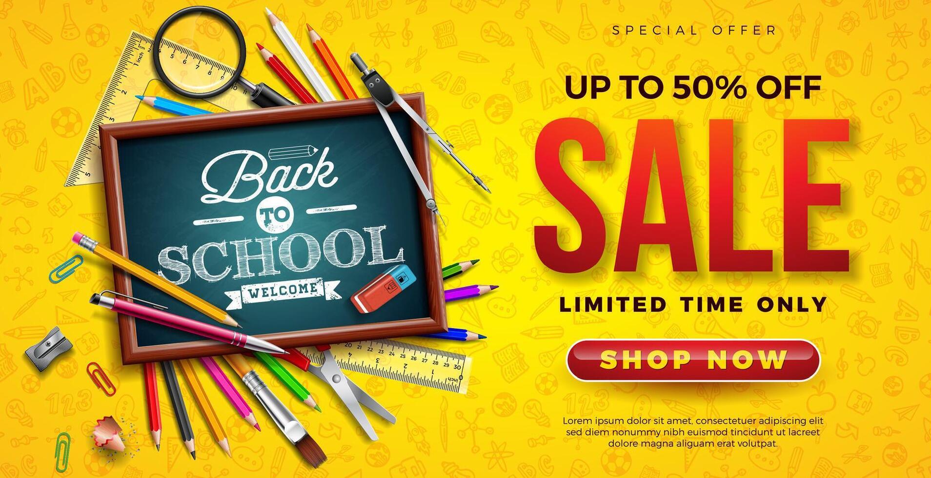 Back to School Sale Design with Chalkboard, Colorful Pencil and School Items on Yellow Hand Drawn Doodles Background. Business Concept Illustration with Special Offer Typography Elements for vector