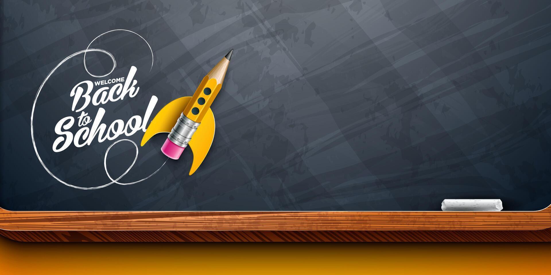 Back to School Design with Flying Rocket Pencil and Typography Lettering on Black Chalkboard Background. School Education Illustration with Hand Drawn Doodles for Greeting Card, Banner, Flyer vector
