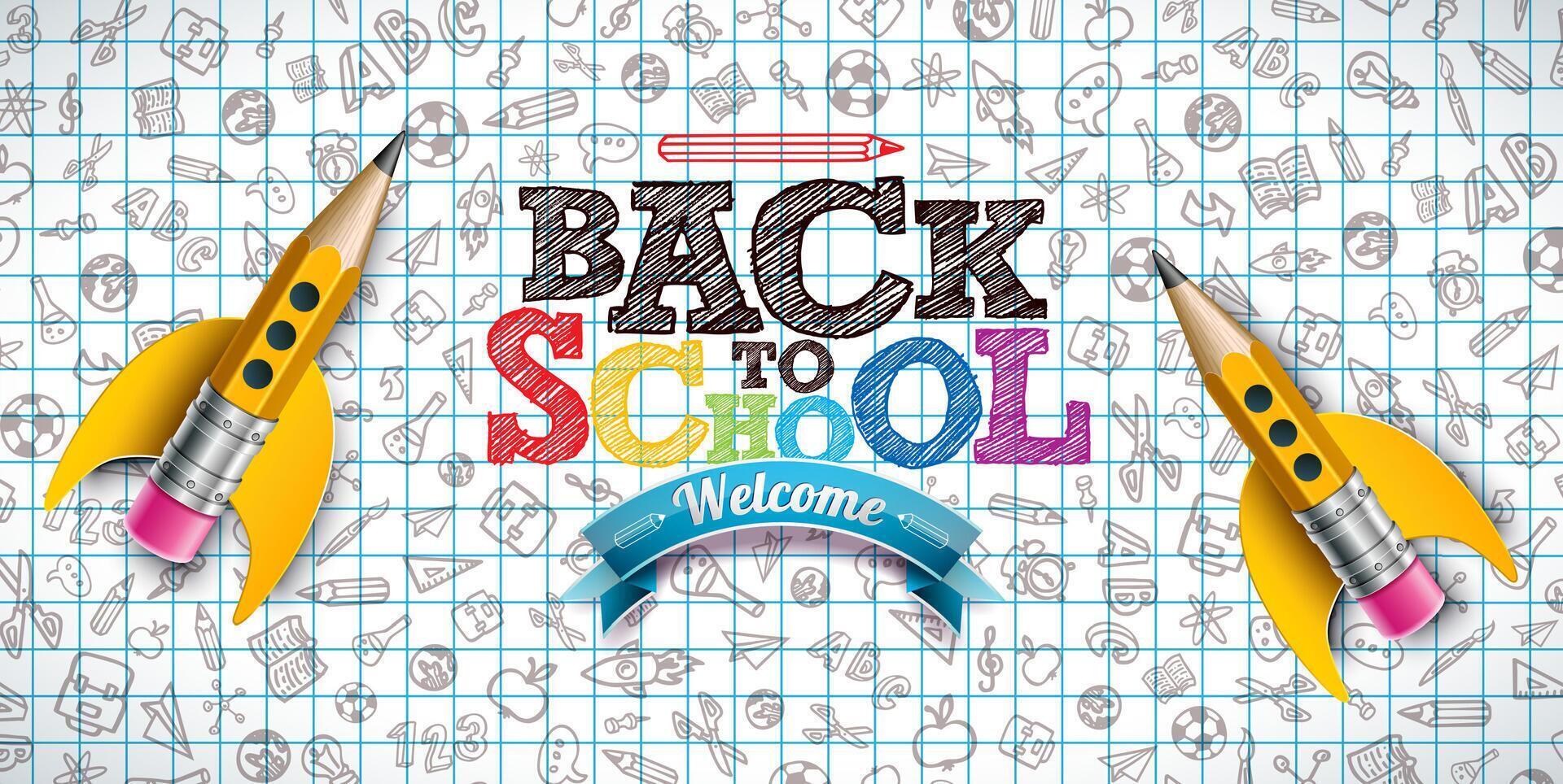 Back to School Design with Flying Rocket Pencil and Typography Lettering on Checkered Paper Background. School Education Illustration with Hand Drawn Doodles for Greeting Card, Banner, Flyer vector