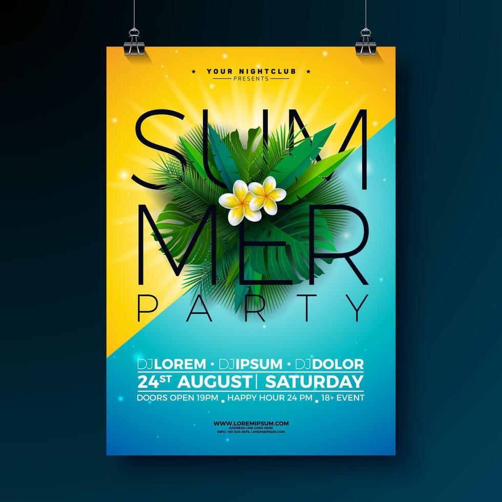 Summer Beach Party Flyer Design with Flower and Typography Letter on Blue and Yellow Background. Summer Nature Floral Elements and Tropical Plants. Design Template for Banner, Flyer, Invitation vector