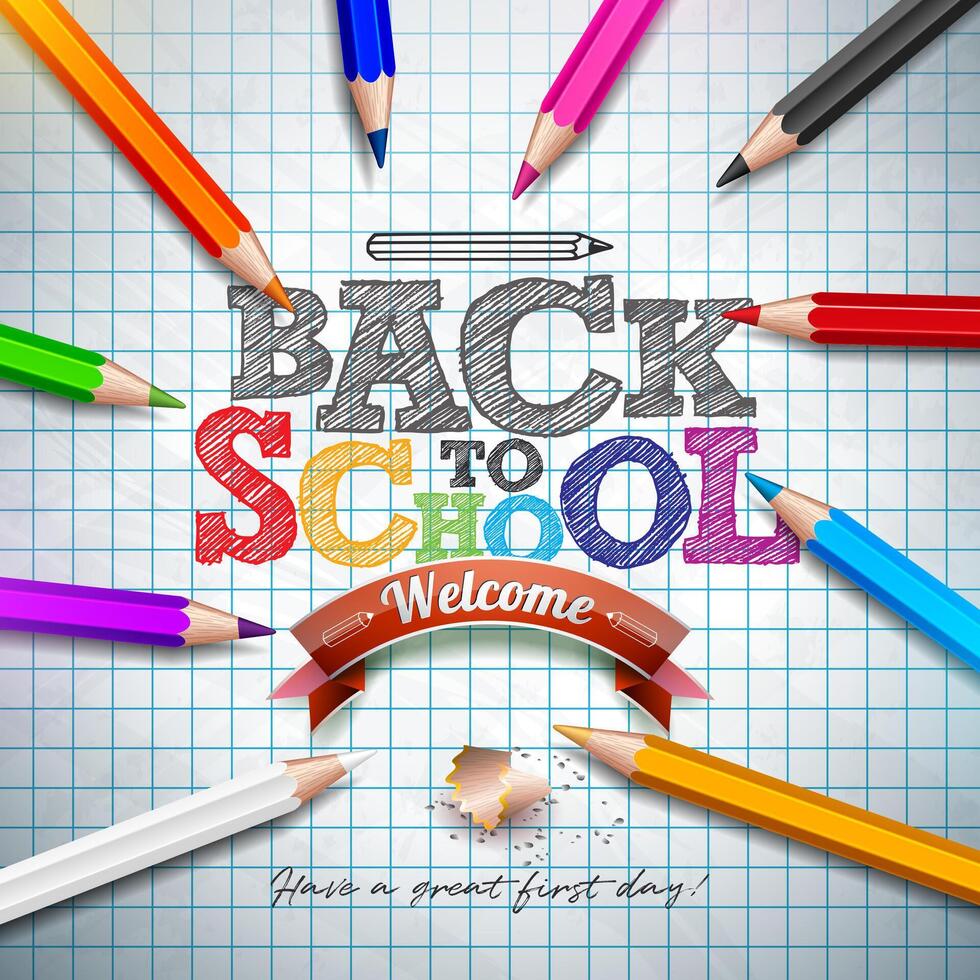 Back to school design with colorful pencil and typography letter on square grid booklet background. education concept illustration for greeting card, banner, flyer, invitation, brochure or vector