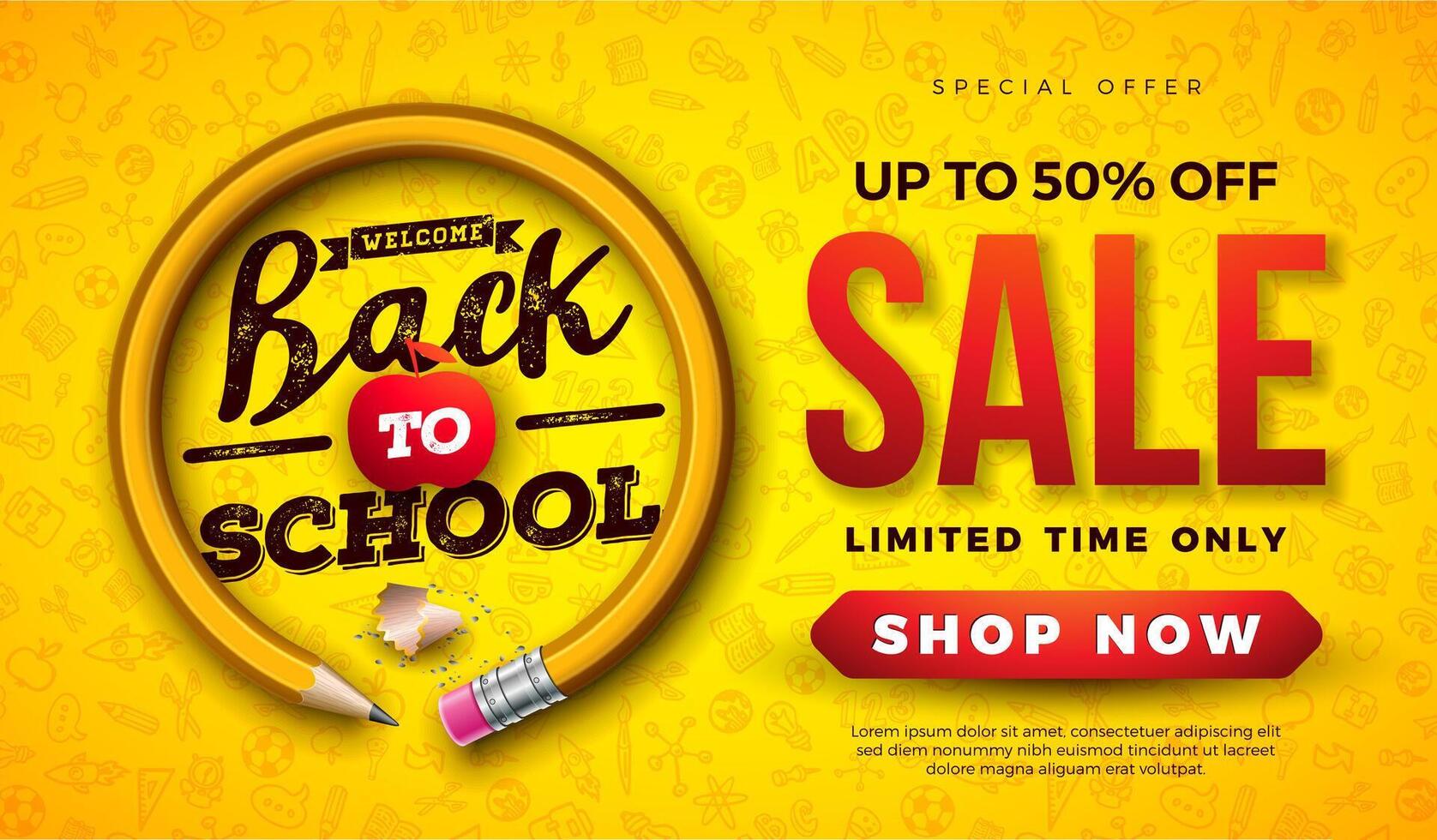 Back to School Sale Design with Graphite Pencil and Typography Letter on Yellow Hand Drawn Doodles Background. Business Concept Illustration with Special Offer Elements for Coupon, Voucher vector