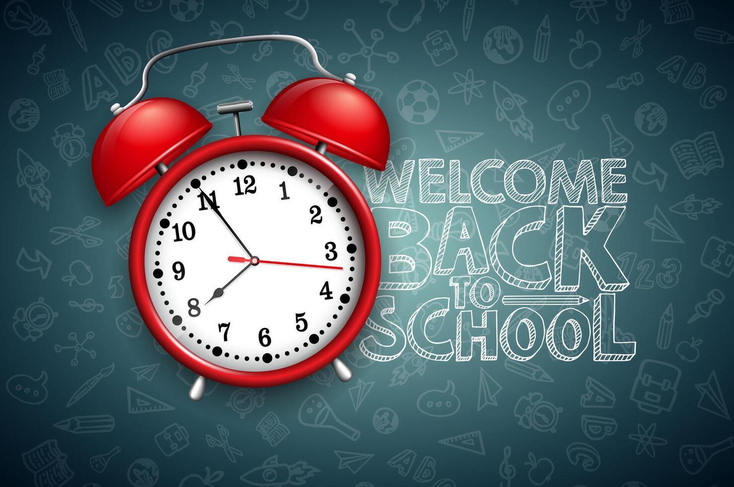 Back to school design with red alarm clock and typography on black chalkboard background. education concept illustration for greeting card, banner, flyer, invitation, brochure or promotional vector